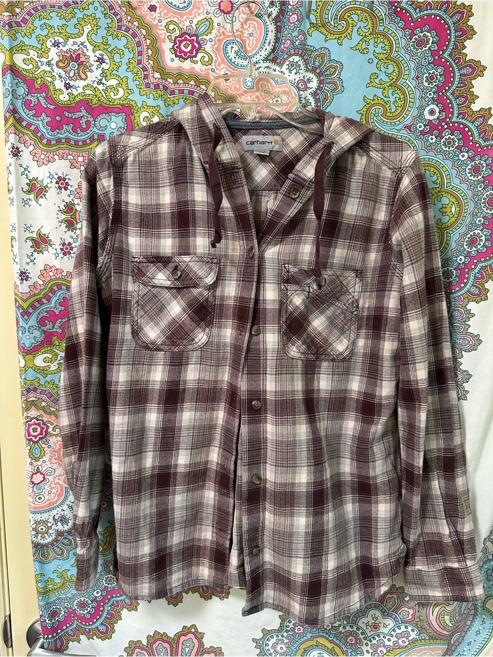 Carhartt Women's Maroon and White Plaid Hooded Button-Down Shirt